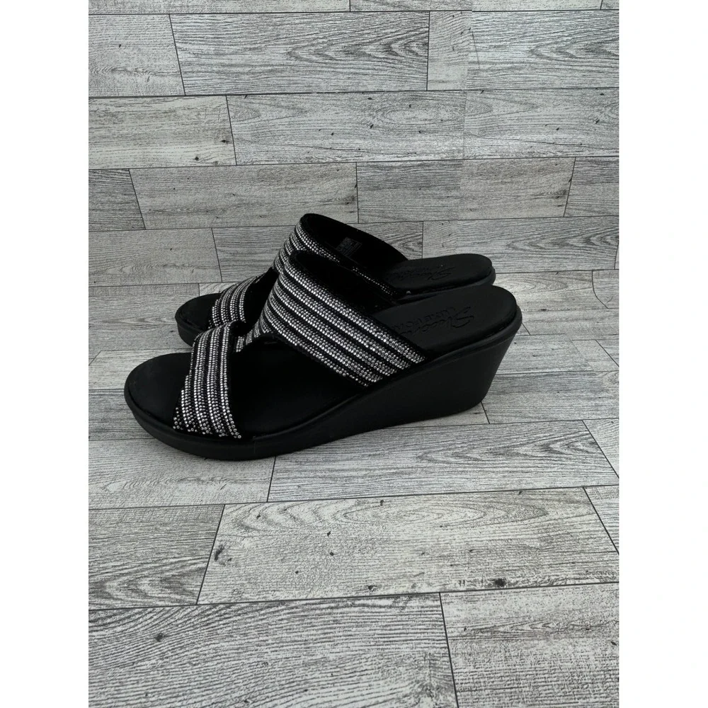 Skechers Luxe Foam Black Silver Rhinestone Wedge Sandals 119001 BKSL Women Sz 10